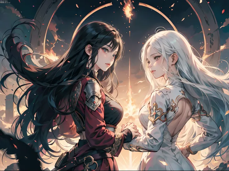 Anime, Two women back to back, Woman with white hair and woman with long black hair、Battle for fire, wlop and sakimichan, anime fantasy artwork, anime fantasy illustration, artgerm and atey ghailan, official artwork, anime style 4 k, artgerm and rossdraws,...