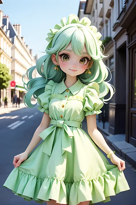 girl in princess long lime green dress, cute amile , cute ribbons, paris city street with nice view background