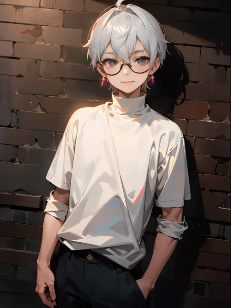 (Male child, eye glasses,A smile, silber hair，cowboy  shot),(((​masterpiece)))、(((top-quality)))、((ultra-definition))、(High Definition CG Illustration)、((extremely delicate and beautiful)),masutepiece, Best Quality, absurderes, Perfect Anatomy, Solo, Matoi...