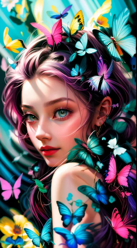 uma pintura de uma mulher com borboletas no cabelo, bela arte digital, RossDraw pastel vibrante, pintura digital bonita, exquisite digital illustration, bela arte digital, pintura de bonito, lindo pintura digital, Beautiful digital illustration, linda arte...