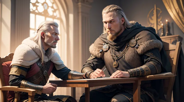 Create an image depicting Ragnar engaging in treaty discussions with other rulers, showcasing his visionary ambitions and diplomatic prowess.