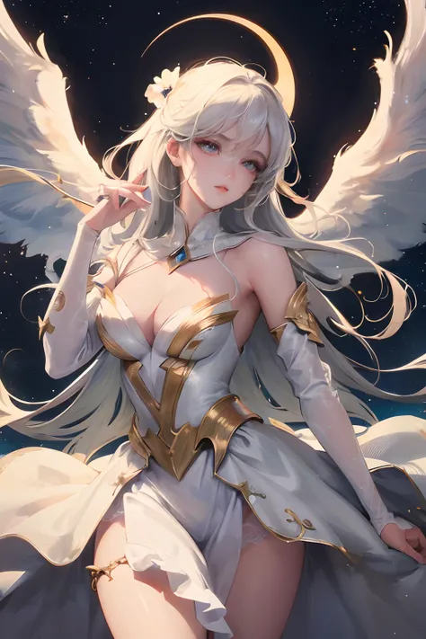 Best quality, Masterpiece, Anime style, Beautiful woman angel,Floating in the air ,Lightning corona,There are four beautiful large white wings ,Moon, Starcloud, meteors, Wearing a beautiful white dress, Eyes with super beautiful details, Precise iris depic...