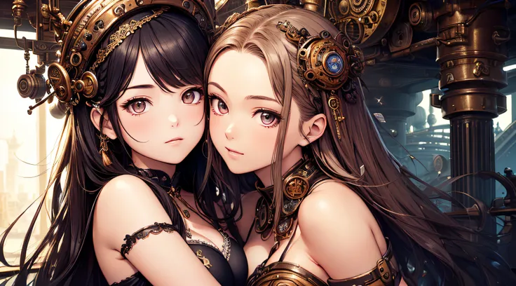 murata, range murata, steampunk, (((Masterpiece))), ((((Best quality)))), (((Ultra-detailed))), (CG illustration), ((Extremely delicate and beautiful)),(Cute and delicate face),Cinematic light,two beautiful woman hugging, mature, long flowing rainbow hair,...