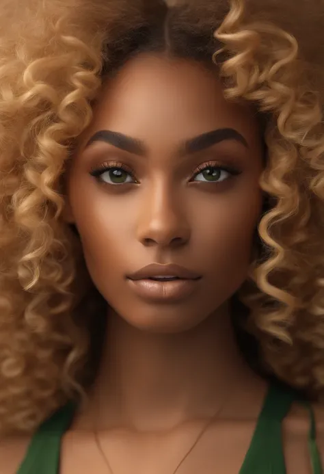 "Ultra-realistic image of a beautiful 21-year-old Afro-Latin girl,Caramel peel, corps parfait, forte poitrine, nez fin,Taille fine, cheveux blond, Curly and curly hair karibean , piercing green eyes.hyper-realistic，anatomie correcte，Facial features are car...