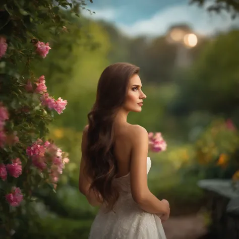 (Hot brunette,long light brown hair,perfect body,backview,8K resolution,photorealistic:1.37,sharp focus,ultra-detailed,studio lighting,vivid colors,bokeh),landscape,portrait,high fashion	modern art,realistic colors,warm tone,lush garden,soft sunlight