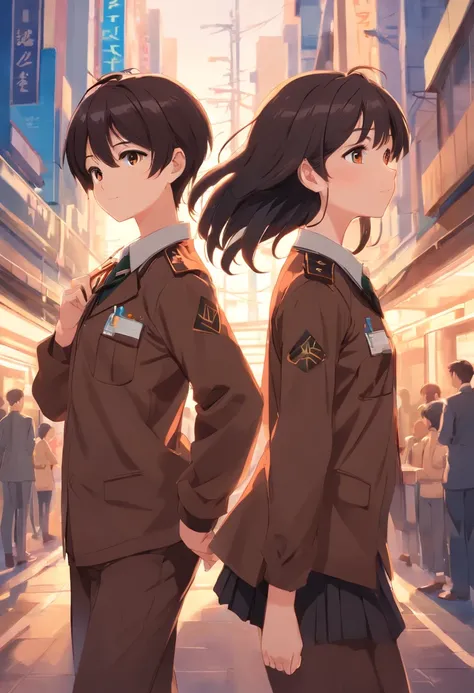 Trio, boy black hair brown uniforms, girl chocolate brown hair brown uniform, girl black hair brown uniforms