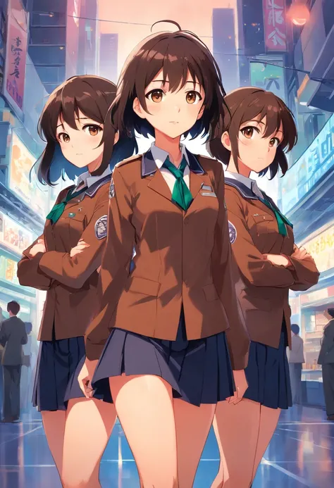 Trio, boy black hair brown uniforms, girl chocolate brown hair brown uniform, girl black hair brown uniforms