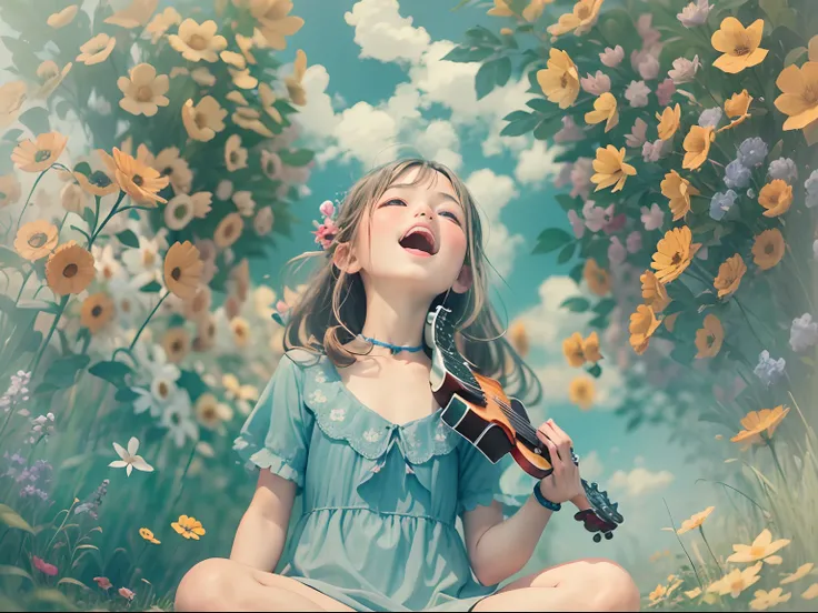 5 years old girl, Wear it with a blue dress, Sing with guitar, Small blue flowers fall all over the sky,