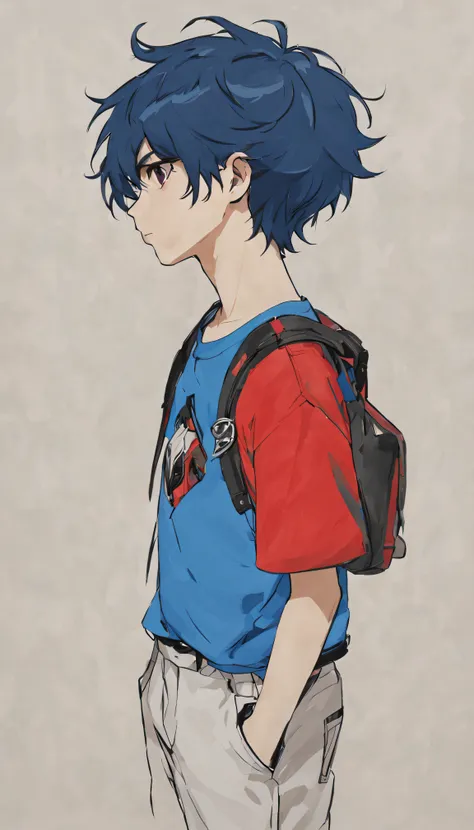 extreme detail, three views, persona drawing, a boy （black hair，blue hair）（red shirt，white t-shirt） （black shorts，blue cowboy）