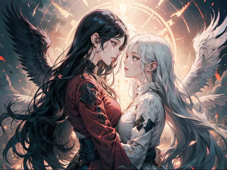 Looking at each other with lonely eyes、Two Women、White and black wings、Battle for fire, Woman with long black hair and woman with white hair,After the battle、 anime fantasy artwork, anime fantasy illustration, artgerm and atey ghailan, official artwork, an...