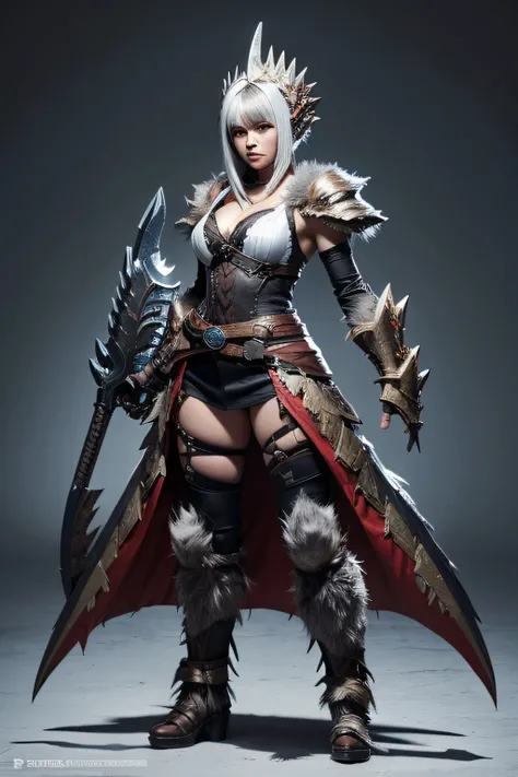 A womans，Full body like，Monster hunter style，Equipment made up of various parts of the monsters body，monster hunter，White raw hairs，Skins，wildness，monster hunter，semi-bare，Sturdy styling，dragon scale，Beast Armor，Huge spikes，feater