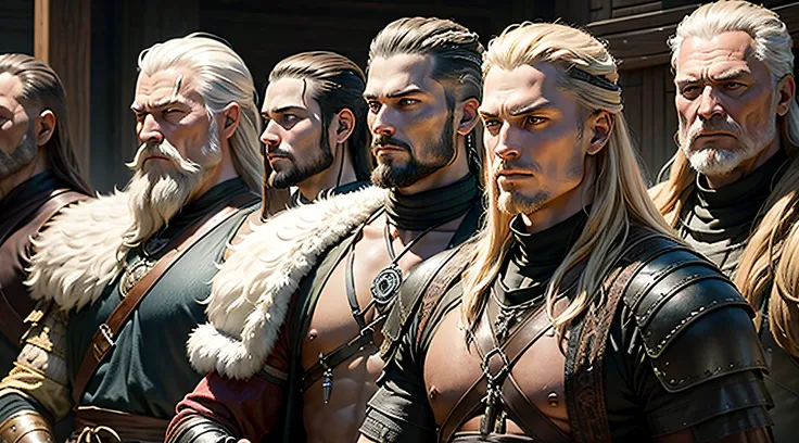 Generate an image portraying Ragnar in his later years, surrounded by his sons who are also renowned warriors, displaying his pride and legacy.