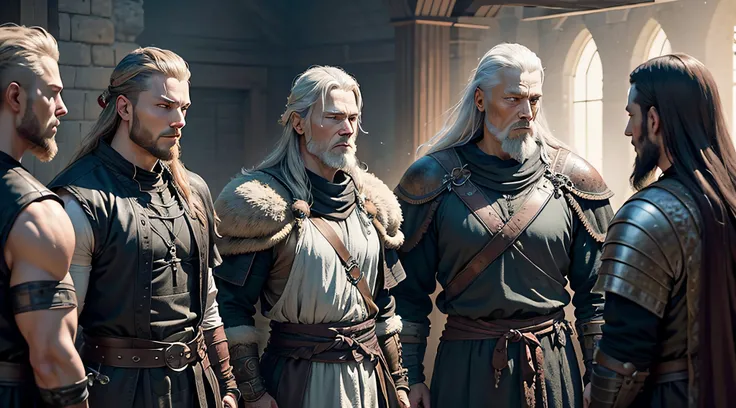 Generate an image portraying Ragnar in his later years, surrounded by his sons who are also renowned warriors, displaying his pride and legacy.