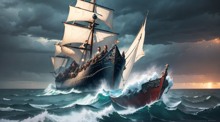 (best quality,realistic:1.2),colorful,high-res,stunning,Ragnars daring attempt to conquer England with only two ships,captivating scene,classic oil painting, intense action,emotion-packed,fierce battle,stormy sea,breathtaking,vivid colors,heroic figures,la...