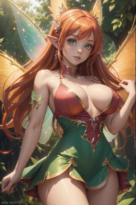 (((Masterpiece))), top quality, beautiful fairy, super detailed, cute and energetic, fuchsia mini dress, shiny skin, long orange hair, green eyes, pointy ears, fairy wings, light background, ((Huge breasts)).