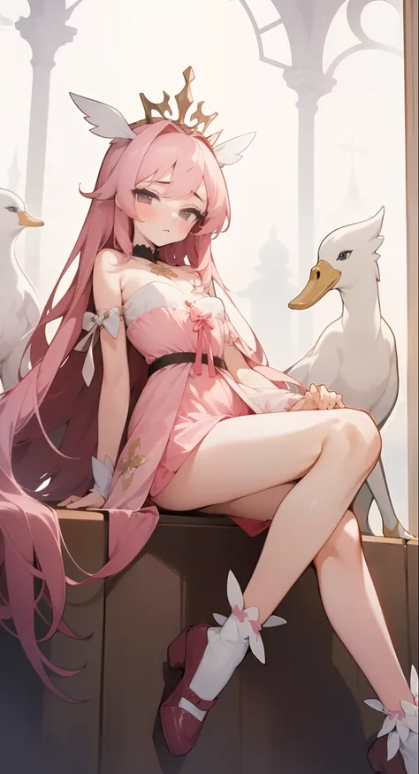 (a high-quality,4K,8K,high-resolution,masterpiece:1.2),ultra-detailed,fairy princess,beautiful girl,anime,pink floral dress,cute bust,B-cup,light pink long hair,sitting like a duck,over-the-knee socks,girl expressionless in white socks