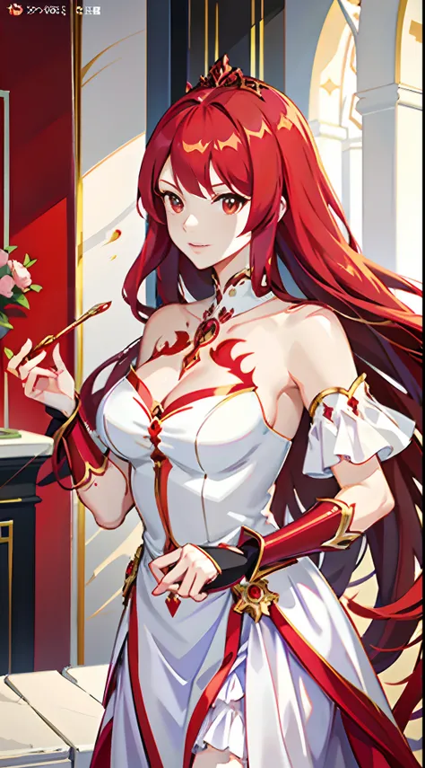 anime - style image of a woman dressed in a red and white dress, ((a beautiful fantasy empress)), redhead queen in heavy red armor, a beautiful fantasy empress, Kushatt Krenz Key Art Women, Guweiz in Pixiv ArtStation, lady in red armor, Guweiz on ArtStatio...