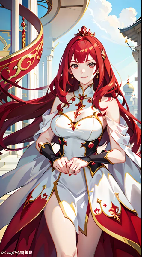 anime - style image of a woman dressed in a red and white dress, ((a beautiful fantasy empress)), redhead queen in heavy red armor, a beautiful fantasy empress, Kushatt Krenz Key Art Women, Guweiz in Pixiv ArtStation, lady in red armor, Guweiz on ArtStatio...