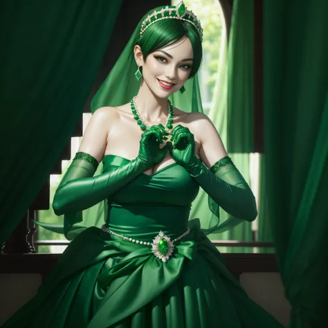 emerald tiara, Green Pearl Necklace, Boyish very short black hair, lipsticks, Japan woman smiling, very short short hair, big breasts beautiful, Green eyes, Long green gloves made of satin material, Green eyes, Emerald Earrings, Day Church