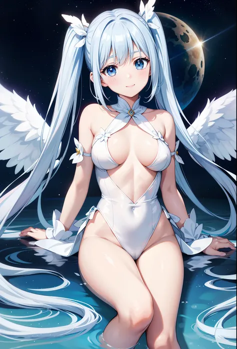 Beautiful angel girl with wings、Angel with 7 colored wings on its back、cranny々Beautiful up to、japanes、White skin、Light blue long hair、Hairstyle is Twintails、Gentle expression、A charming smile、Women in Their 20s、high-level image quality、Top image quality、cu...