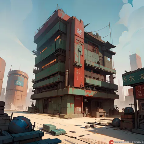 buliding，China-style，sense of science and technology，Wasteland Punk，Wasteland，Old，Broken，Scene concept art