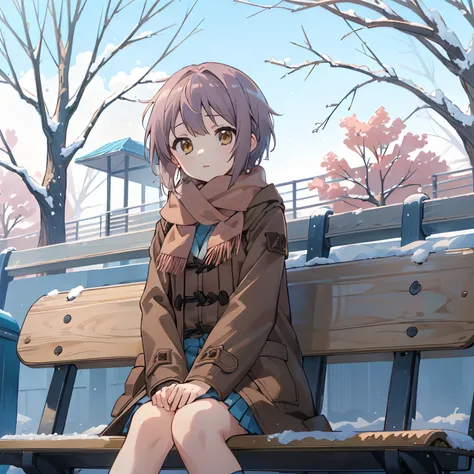 ((1girl in)),(masutepiece),(Best Quality), Yuki, Brown coat,  scarf, knee high, blank eye, expressionless face, Park, waiting, Benches, Snow, Yuki, tree, Nature,