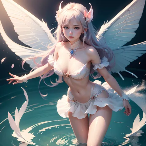 Holy Light Butterfly Angel Girl，Butterfly wings，Chest shooting(mcu)，In the style of rococo pastel colors，Light white and light red，Incredibly beautiful，SakuraNS，Reflection of sparkling water，combine，flowing，hyper realisitc，painting of a，etheric，Elsa Burda，...