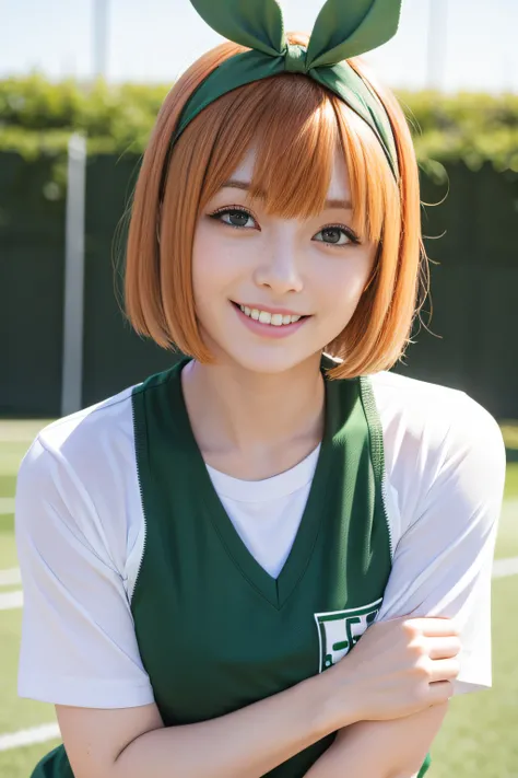 Nakano Yotsuba, Short_hair, Bangs, Blue_Eyes, orange_hair, Hair Bow, Green Ribbon, hair_Bland_Eyes,A smile, Athletics uniforms, Nasty poses, athletic field