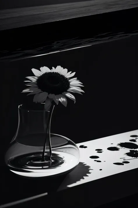 A lonely sunflower with memories reflected in its petals, black and white image, Flat drawing, line, contour, No Fill, Pure lineart