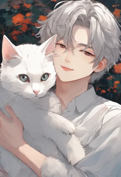 (best quality, highres:1.2), detailed and realistic portrait, man holding a white cat, intimate connection, joyful expressions, relaxed and comfortable posture, soft lines and tones, warm and cozy atmosphere, white dominant color, close-up perspective