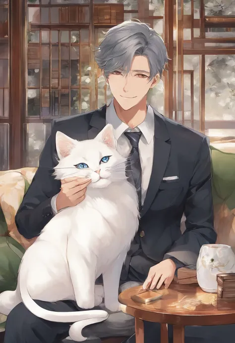 and a warm smile, wearing a dark suit with a tie, sitting on a cozy couch, surrounded by soft cushions. The man and the white cat are enjoying each others company, with the man gently stroking the cats fur. The portrait is rendered in a photorealistic styl...