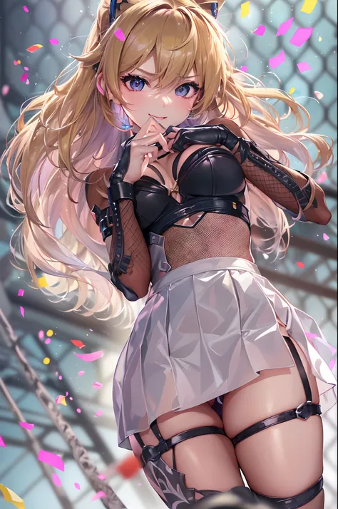 ((16ｋ,Raw photography,top-quality,hight resolution,Ray tracing,PBR Texture,Post-processing,)),(((Leather Bondage Skirt , Cute Japan anime girl,evangerion,Soryu Asuka Langley,Long wavy blonde hair,Emphasize cleavage,bare hand,Thin leg,detailed finger,Slende...