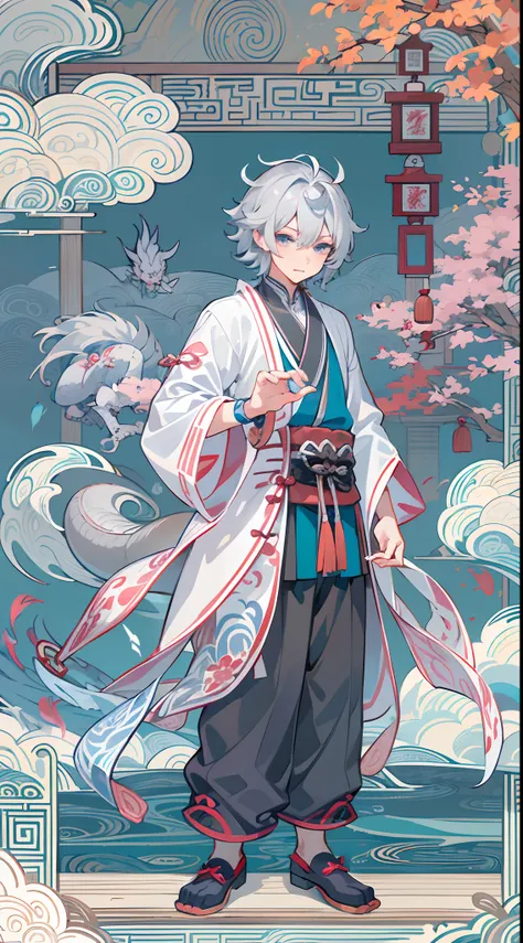 tmasterpiece，Need，超高分辨率，shoun，Chinese ancient style，(Short silver-gray hair)，blue color eyes，Libido boy,adolable，banya，Dragon tail，The corals，Clouds，wave，Kamimei