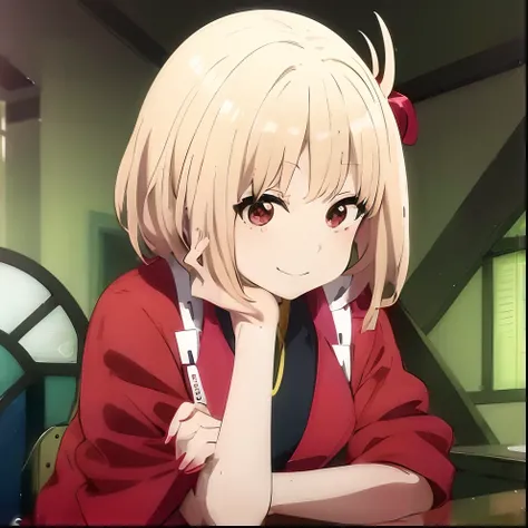 Anime girl with blonde hair and red jacket sitting at the table, Anime visuals of cute girls, chihiro! fujisaki, shikamimi, anime portrait of shiina ringo, ( ( ( yoshinari yoh ) ) ), in the anime film, anime visual of a young woman, senko-san, Still from T...