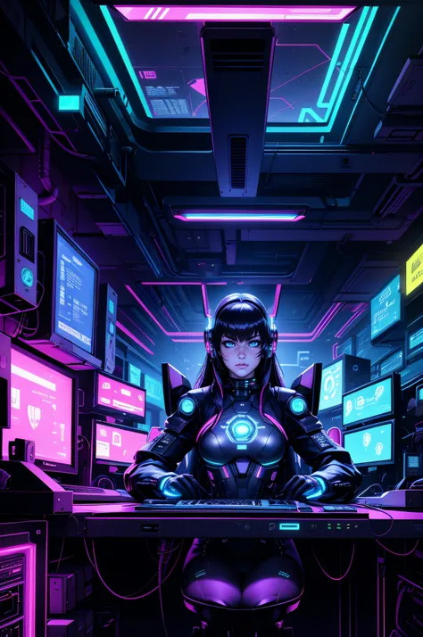 Hot gamer girl sitting in front of a dimly lit computer lab with lots of monitors and a keyboard, super military computer, W.O.P.R, cyberpunk setting, Cyber punk configuration, cyber neon lighting, cyber space, cyberpunk with neon lighting, lights cyber ne...