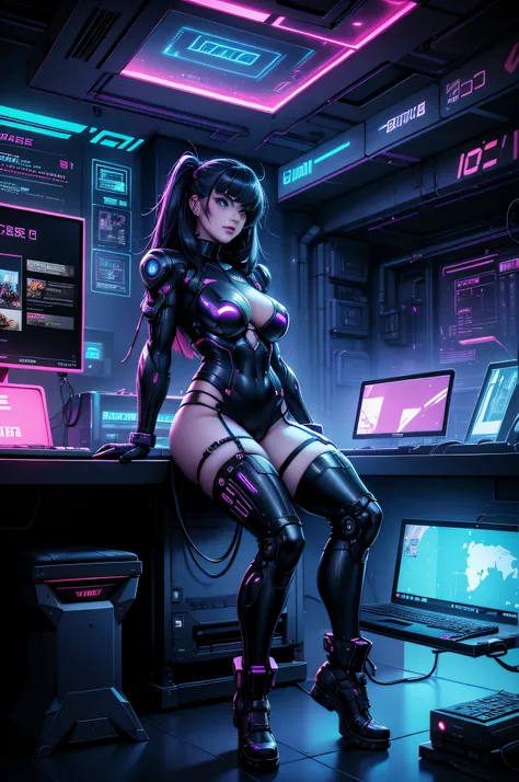 Hot gamer girl sitting in front of a dimly lit computer lab with lots of monitors and a keyboard, super military computer, W.O.P.R, cyberpunk setting, Cyber punk configuration, cyber neon lighting, cyber space, cyberpunk with neon lighting, lights cyber ne...