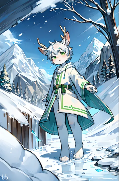 A white deer，deer antlers，rios，mountain ranges，long white robe，Green eyes，blue-sky，White petals，Melting of ice and snow，Melting of ice and snow，Shota，adolable，White pear blossom tree，Shota，adolable，out a hand，Green clothing，White ears，Fluffy ears