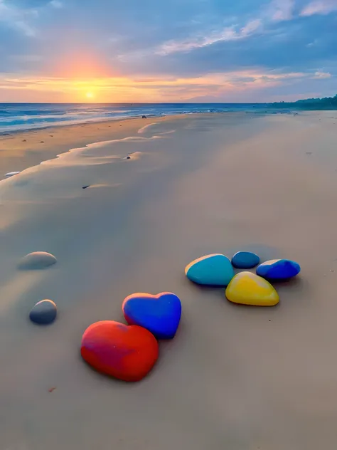 Exquisite scenes，depth of fields，8K，Blue sky，Red clouds，The sun shines on the beach，There are many small colorful stones on the beach，Heart of Love