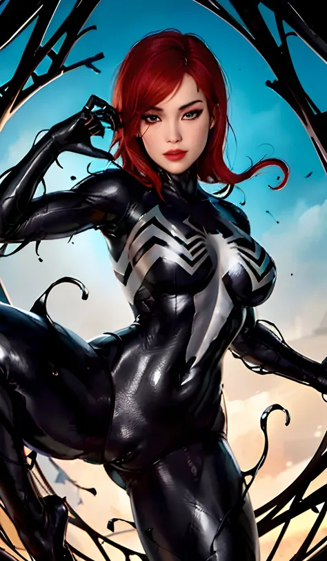 4K，realisticlying，Glamorous，The is very detailed，There is a girl in Dingcheng，Red hair，Wearing a black Spider-Man costume，（Black and white：1.4） the night,symbiote，venomize，a large amount of mucus,she is a spiderman，Black superhero theme，In front of the sky...