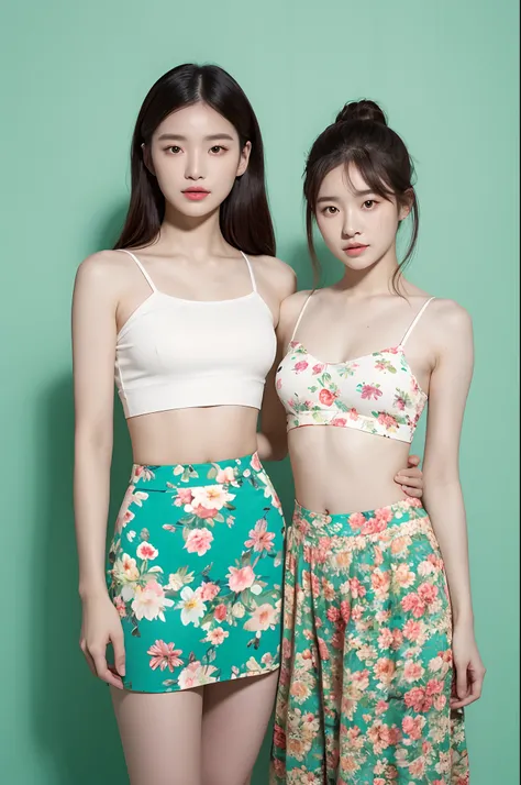 a woman in a floral crop top and mint skirt posing for a picture, croptop, crop top, bralette, wearing white camisole, bae suzy, wearing a camisole, physical : tinyest midriff ever, gorgeous young korean woman, heonhwa choe, cutecore, lulu chen, reluvy5213