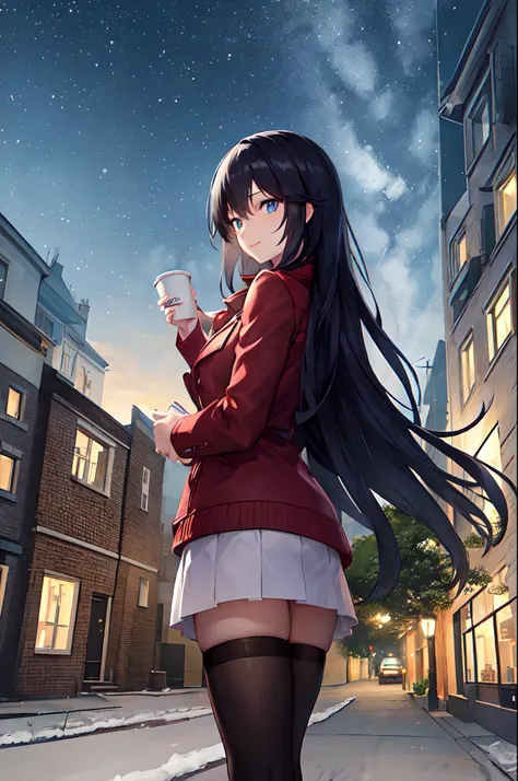 1girl, winter, Holding a cup of coffee in your hands, red jacket, Upskirt, black tights, Ultra Detailed, Background, black hair, blue eyes, Smile, snowing, straight hair, detailed legs, octans, skye, Star(skye), scenery, Starry sky, night time, night  sky,...