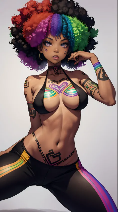 Beautiful Mulatto Girl, Black and Rainbow Hair, Black and Rainbow Makeup, Hip-Hop Girl, Ripped Rainbow Yoga Pants, Exposed Breasts, Nsfw, Curly Afro, Slender, Rainbow Eyes, Tribal Tattoos, hip hop studio background