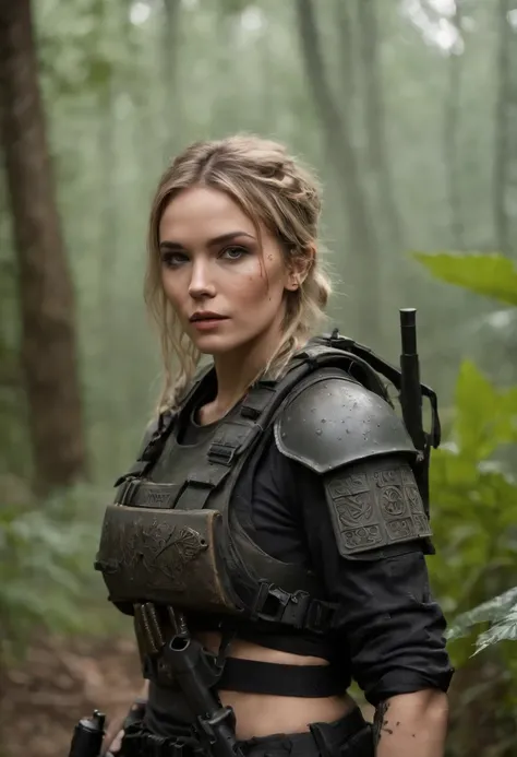 Postapocalyptic combat scene of a Beautiful female soldier On Patrol, In a Jungle, Walking down a Stream, (((with Runic tattoos))), ((dirty face)), (((wearing Black Full mecha armor, combat harness, Neon highlights, holding a assault rifle))) Short Blonde ...