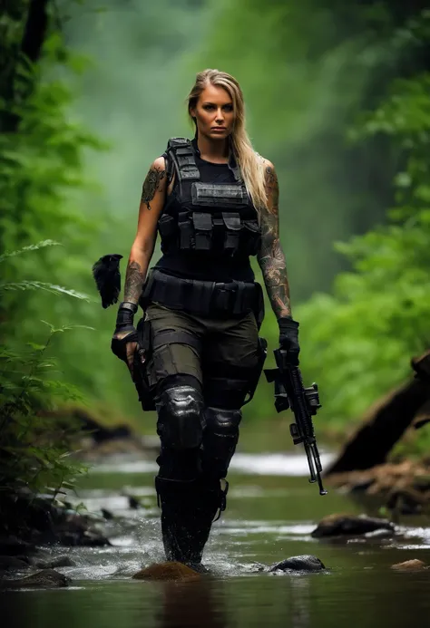 Postapocalyptic combat scene of a Beautiful female soldier On Patrol, In a Jungle, Walking down a Stream, (((with Runic tattoos))), ((dirty face)), (((wearing Black Full mecha armor, combat harness, Neon highlights, holding a assault rifle))) Short Blonde ...