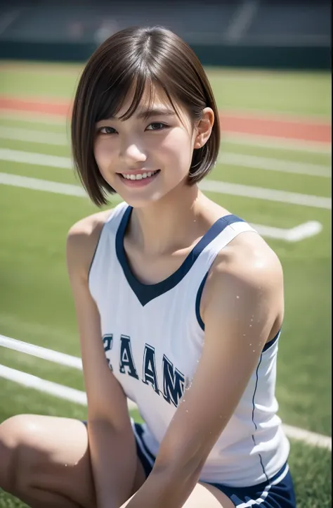 (((short-range、Long distance、Mass sweat)))、1 beautiful girl、Lean forward to bring your chest closer、Wet shirt、a wet body、((toru & Field Athletes Women))、(((1 persons)))、((Short-cut hairstyles))、Competition uniforms、((Stadium))、Transcendent Cute、A slight sm...