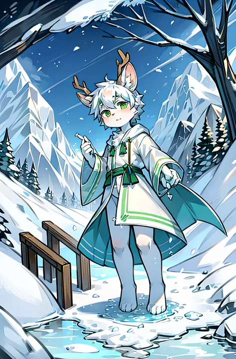 A white deer，deer antlers，rios，mountain ranges，long white robe，Green eyes，blue-sky，White petals，Melting of ice and snow，Melting of ice and snow，Shota，adolable，White pear blossom tree，Shota，adolable，out a hand，Green clothing，White ears，Fluffy ears