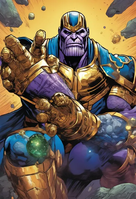 Thanos with infinity gauntlet on his right hand, the gauntlet has the infinity stones in it,