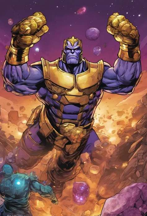 Thanos with infinity gauntlet on his right hand, the gauntlet has the infinity stones in it,