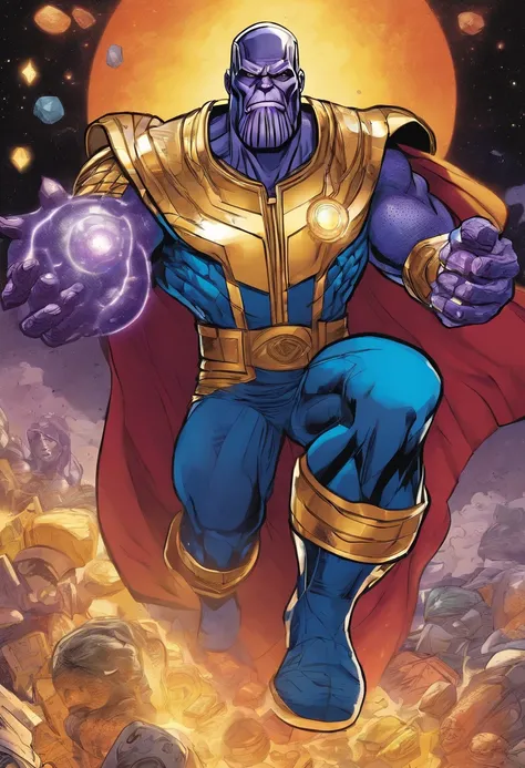 Thanos with infinity gauntlet on his right hand, the gauntlet has the infinity stones in it,