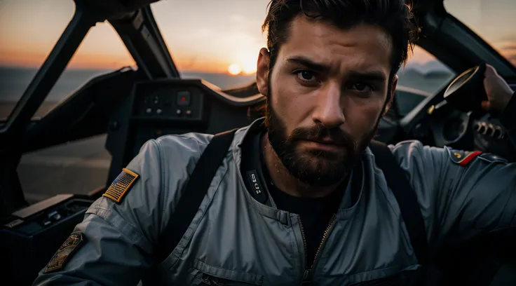 30 years old male fighter jet pilot photo, beard, sunset, serious face, high detail face, high detail clothes, ultrarealistic, dark shot, cinematic, professional photo, Nikon